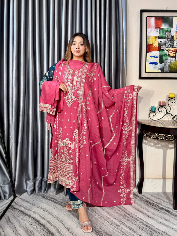 Noor Elegance Premium 4PC Set (Unstitched) // Magenta Edition
